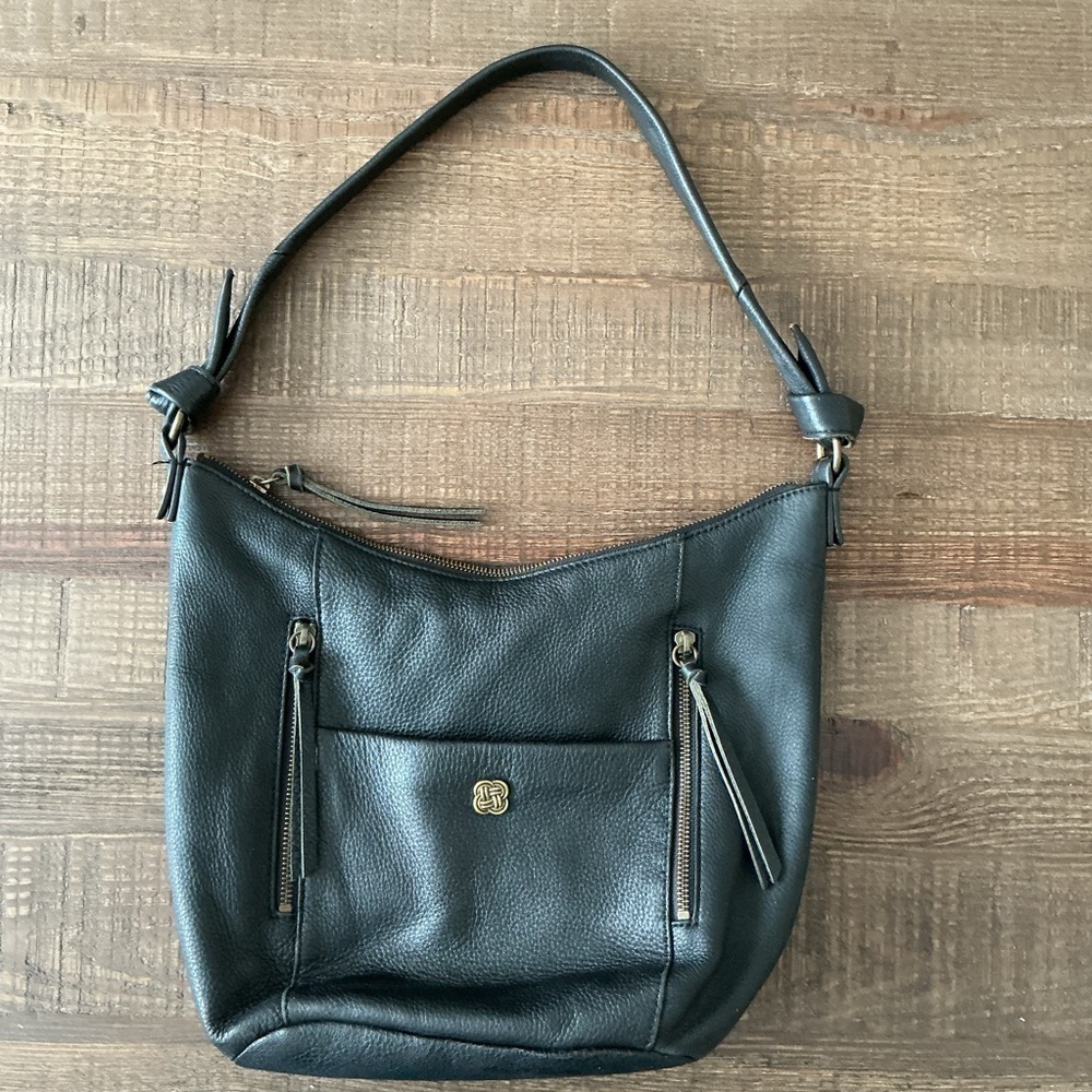 Elliot Lucca Black Leather Raw Edges Front Zippers Tie Handle Shoulder Bag Purse